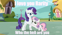 Size: 1054x592 | Tagged: safe, imported from derpibooru, screencap, rarity, sweetie belle, duo, image macro, meme, sweetie fail