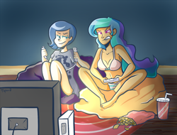 Size: 1000x758 | Tagged: safe, artist:php52, imported from derpibooru, princess celestia, princess luna, human, gamer luna, barefoot, bra, clothes, drink, feet, food, glare, gritted teeth, humanized, lingerie, lip bite, nightgown, nintendo, pajamas, panties, pink underwear, ribbon, sitting, smiling, smirk, striped underwear, television, underwear, video game, wii