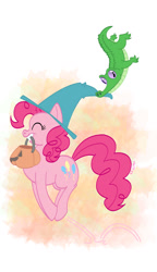 Size: 945x1641 | Tagged: safe, artist:bitter-knitter, imported from derpibooru, gummy, pinkie pie, earth pony, pony, bouncing, eyes closed, halloween, hat, jumping, pronking, pumpkin, pumpkin bucket, witch hat