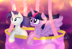 Size: 2000x1360 | Tagged: safe, artist:scater-ring, imported from derpibooru, rarity, twilight sparkle, alicorn, pony, female, flying, hot air balloon, mare, twilight sparkle (alicorn), twinkling balloon