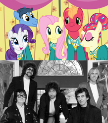 Size: 1280x1470 | Tagged: safe, imported from derpibooru, big macintosh, fluttershy, rarity, toe-tapper, torch song, earth pony, pony, filli vanilli, bob dylan, comparison, george harrison, jeff lynne, male, meme, ponytones, roy orbison, stallion, tom petty, traveling wilburys