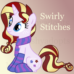 Size: 1116x1118 | Tagged: safe, artist:monkfishyadopts, imported from derpibooru, oc, oc only, oc:swirly stitches, pony, unicorn, adoptable, artweaver, clothes, gradient background, ms paint, scarf, socks, solo, striped socks