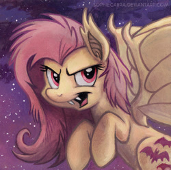 Size: 500x498 | Tagged: safe, artist:kenket, artist:spainfischer, imported from derpibooru, fluttershy, bat pony, pony, fangs, female, flutterbat, mare, night, race swap, solo, stars, traditional art