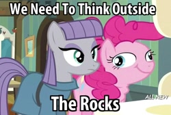 Size: 600x404 | Tagged: safe, edit, edited screencap, imported from derpibooru, screencap, maud pie, pinkie pie, maud pie (episode), caption, faic, rock pun, wat