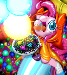 Size: 637x712 | Tagged: safe, artist:frist44, imported from derpibooru, pinkie pie, earth pony, pony, ball, ball pit, balloon, clothes, crossover, cute, diapinkes, dress, female, god tier, hero of light, homestuck, hood, light, maid of light, mare, party cannon, ponystuck, rock candy, slide, solo, tongue out, wink