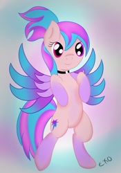 Size: 1147x1636 | Tagged: safe, artist:exori, imported from derpibooru, oc, oc only, oc:shiny dawn, pony, bipedal, choker, colored wings, cute, gradient background, gradient hooves, gradient wings, heterochromia, smiling, solo, spread wings