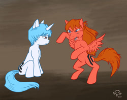 Size: 800x630 | Tagged: safe, artist:nikoruv21, imported from derpibooru, pegasus, pony, unicorn, angry, bipedal, crossover, emotionless, l.u.l.s., neon genesis evangelion, ponified, red eyes, rei ayanami, sitting, souryuu asuka langley, u lil shid