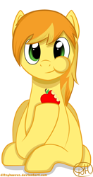 Size: 1354x2556 | Tagged: safe, artist:shiarr, imported from derpibooru, braeburn, :t, apple, eating, male, simple background, solo