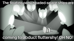 Size: 5333x3000 | Tagged: safe, artist:pirill, imported from derpibooru, fluttershy, filli vanilli, .ai available, absurd resolution, fear, floating head, image macro, laughing, meme, nightmare fuel, panic attack, scared, spaceship, spotlight, stage fright, text edit, vector