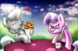 Size: 1200x792 | Tagged: safe, artist:tadashi--kun, imported from derpibooru, diamond tiara, silver spoon, pinkie pride, glasses, heart, jealous, milkshake, scene interpretation