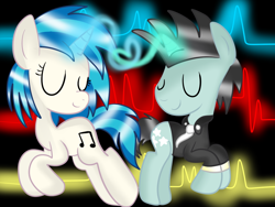 Size: 1024x768 | Tagged: safe, artist:digital-pony-artist, imported from derpibooru, dj pon-3, neon lights, rising star, vinyl scratch, pony, unicorn, backwards cutie mark, clothes, female, male, mare, neon, shipping, stallion, straight, vinylights