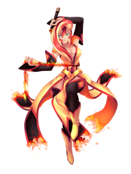 Size: 922x1229 | Tagged: safe, artist:yatonokami, imported from derpibooru, sunset shimmer, human, equestria girls, alternative cutie mark placement, breasts, burning clothes, cleavage, commission, cutie mark, fantasy class, female, fire, humanized, pyromancy, rpg, simple background, solo, transparent background, weapon, whip