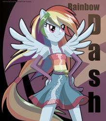 Size: 1200x1372 | Tagged: safe, artist:reina-kitsune, imported from derpibooru, rainbow dash, equestria girls, belt, clothes, dress, fall formal outfits, female, ponied up, skirt, sleeveless, solo