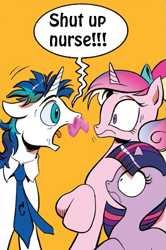 Size: 365x549 | Tagged: safe, idw, imported from derpibooru, princess cadance, shining armor, twilight sparkle, spoiler:comic, exploitable meme, markiplier, meme, screaming armor, warfstache