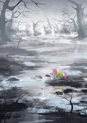 Size: 2480x3508 | Tagged: safe, artist:cmaggot, imported from derpibooru, angel bunny, fluttershy, pegasus, pony, rabbit, animal, fog, high res, in the distance, scenery, scenery porn, snow, swamp, tree
