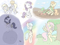 Size: 1280x960 | Tagged: safe, artist:zokkili, imported from derpibooru, angel bunny, carrot top, coco pommel, derpy hooves, fluttershy, golden harvest, princess luna, rarity, pony, bipedal, carrot, cute, filly, gardening, moon, muffin, sketch dump, tangible heavenly object, woona