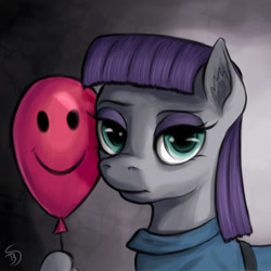 Size: 1000x1000 | Tagged: safe, artist:bluespaceling, imported from derpibooru, maud pie, earth pony, pony, balloon, clothes, dress, ear fluff, female, hoof hold, looking at you, mare, smiley face, solo