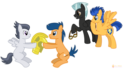 Size: 9600x5400 | Tagged: safe, artist:flashlighthouse, imported from derpibooru, first base, flash sentry, rumble, thunderlane, earth pony, pegasus, pony, absurd resolution, argument, brothers, colt, goggles, helmet, male, simple background, stallion, vector, white background