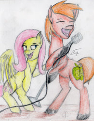 Size: 1791x2293 | Tagged: safe, artist:darkdawnbrony, imported from derpibooru, big macintosh, fluttershy, earth pony, pony, fluttermac, male, microphone, shipping, singing, stallion, straight, traditional art