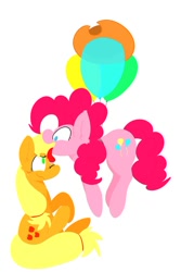 Size: 730x1095 | Tagged: safe, artist:input-command, deleted from derpibooru, imported from derpibooru, applejack, pinkie pie, applepie, balloon, blushing, cowboy hat, female, hat, lesbian, licking, shipping, then watch her balloons lift her up to the sky