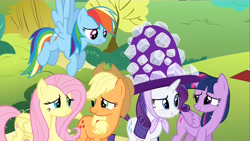 Size: 1280x720 | Tagged: safe, imported from derpibooru, screencap, applejack, fluttershy, rainbow dash, rarity, twilight sparkle, alicorn, pony, maud pie (episode), awkward, female, giant hat, grin, hat, mare, raised eyebrow, smiling, twilight sparkle (alicorn)