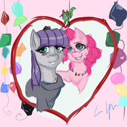 Size: 1000x1000 | Tagged: safe, artist:zakkurro, imported from derpibooru, gummy, maud pie, pinkie pie, maud pie (episode), blushing, rock candy necklace, sisters