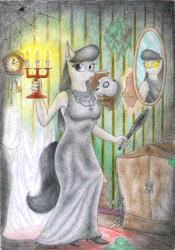 Size: 1634x2329 | Tagged: safe, artist:sinaherib, imported from derpibooru, octavia melody, anthro, candle, clothes, dress, female, haunted house, high heels, mirror, shoes, solo, spider web, spooky, traditional art