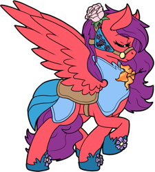 Size: 583x649 | Tagged: safe, artist:baka, imported from derpibooru, oc, oc only, oc:berry sweet, pegasus, pony, armor, bridle, eyes closed, female, flat colors, hibiscus, mare, raised hoof, request, rose, saddle, simple background, solo, spread wings, tack, transparent background, wings