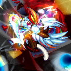 Size: 612x612 | Tagged: safe, artist:frist44, imported from derpibooru, rainbow dash, action pose, crossover, female, god tier, hero of blood, homestuck, katana, lightning, ponystuck, prince of blood, road, solo, speed, sword, thunder, weapon