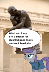 Size: 2613x3900 | Tagged: safe, imported from derpibooru, maud pie, maud pie (episode), chat bubble, irl, photo, ponies in real life, pun, statue, the thinker