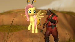 Size: 1366x768 | Tagged: safe, artist:fezwearingdoctor, imported from derpibooru, fluttershy, it ain't easy being breezies, 3d, animal costume, bee costume, clothes, costume, flutterbee, gmod, pyro, team fortress 2