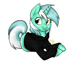 Size: 1569x1349 | Tagged: safe, artist:doomcakes, imported from derpibooru, lyra heartstrings, pony, unicorn, fanfic:background pony, clothes, dig the swell hoodie, female, hoodie, ponies wearing black, prone, simple background, solo