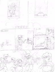 Size: 2550x3280 | Tagged: safe, artist:vinny, imported from derpibooru, oc, oc only, oc:alex, oc:pogo, satyr, comic, monochrome, offspring, parent:gilda, parent:pinkie pie, pencil drawing, pie, traditional art