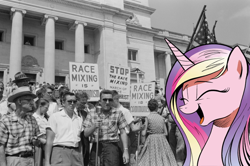 Size: 600x398 | Tagged: safe, imported from derpibooru, princess cadance, alicorn, human, pegasus, pony, cadance laughs at your misery, civil rights movement, exploitable meme, eyes closed, female, integration, irl, irl human, mare, meme, mouthpiece, obligatory pony, op is a duck, open mouth, out of character, photo, protest, racism, segregation, smiling