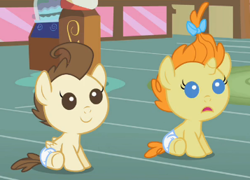 Size: 357x257 | Tagged: safe, imported from derpibooru, screencap, pound cake, pumpkin cake, baby cakes, babies, baby, baby ponies, baby pony, cake twins, colt, cute, diaper, diapered, diapered colt, diapered filly, diapered foals, female, filly, frown, male, one month old colt, one month old filly, one month old foals, open mouth, siblings, sitting, smiling, twins, white diapers