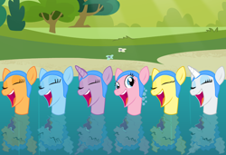 Size: 1280x875 | Tagged: safe, imported from derpibooru, applejack, fluttershy, pinkie pie, rainbow dash, rarity, twilight sparkle, bubble, mane six, singing