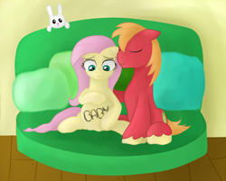 Size: 2090x1682 | Tagged: safe, artist:kaleysia, imported from derpibooru, angel bunny, big macintosh, fluttershy, earth pony, pony, body writing, fluttermac, male, preggoshy, pregnant, shipping, stallion, straight