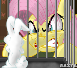 Size: 1122x1000 | Tagged: safe, artist:razya, imported from derpibooru, angel bunny, fluttershy, angelbuse, angry, dark mirror universe, equestria-3, evil, flutterrage