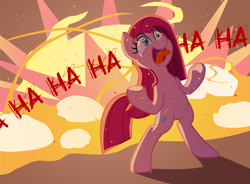 Size: 4086x3000 | Tagged: safe, artist:discorded, imported from derpibooru, pinkie pie, pony, bipedal, evil laugh, explosion, female, insanity, pinkamena diane pie, solo, tongue out