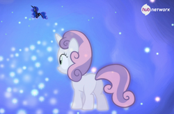 Size: 600x395 | Tagged: safe, imported from derpibooru, screencap, princess luna, sweetie belle, alicorn, pony, unicorn, for whom the sweetie belle toils, season 4, butt, cropped, dream realm, dream walker luna, dreamscape, duo, ethereal mane, female, filly, foal, mare, plot