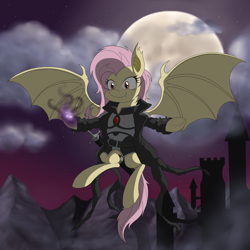 Size: 2500x2500 | Tagged: safe, artist:janji009, imported from derpibooru, fluttershy, bat pony, pony, semi-anthro, badass, castle, clothes, dark magic, fangs, female, flutterbadass, flutterbat, flying, magic, magic the gathering, moon, night, parody, race swap, sky, smiling, solo, sorin markov, spread wings, underhoof