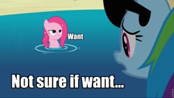 Size: 960x541 | Tagged: safe, edit, edited screencap, imported from derpibooru, screencap, pinkie pie, rainbow dash, earth pony, pegasus, pony, too many pinkie pies, bedroom eyes, duo, female, image macro, mare, meme, not sure if want, pond, varying degrees of want, want, water, wet mane