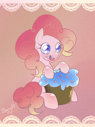 Size: 1200x1600 | Tagged: safe, artist:nyako-shoyu, imported from derpibooru, pinkie pie, cupcake, female, food, frosting, solo