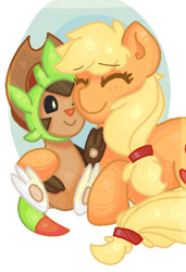 Size: 362x529 | Tagged: safe, artist:hollyhooves, imported from derpibooru, applejack, chespin, crossover, hug, pokémon