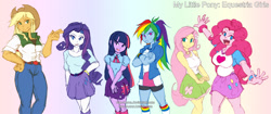 Size: 1565x659 | Tagged: safe, artist:dan-heron, imported from derpibooru, applejack, fluttershy, pinkie pie, rainbow dash, rarity, twilight sparkle, equestria girls, breasts, busty fluttershy, busty pinkie pie, female, mane six