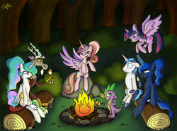 Size: 1024x763 | Tagged: safe, artist:dalilastar, imported from derpibooru, discord, princess cadance, princess celestia, princess luna, shining armor, spike, twilight sparkle, alicorn, pony, alternate hairstyle, campfire, candy cane, dislestia, eating, female, floppy ears, magic, male, mare, marshmallow, night, ponytail, pregnant, scared, shipping, straight, twilight sparkle (alicorn), wide eyes