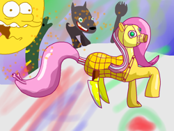 Size: 1000x750 | Tagged: safe, artist:zoiby, imported from derpibooru, fluttershy, dog, augmented tail, knife, peanut, spork, wat