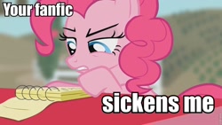 Size: 960x540 | Tagged: safe, imported from derpibooru, pinkie pie, castle mane-ia, fanfic, female, image macro, meme, notepad, solo