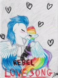 Size: 1604x2151 | Tagged: safe, artist:chacha9000, imported from derpibooru, rainbow dash, soarin', blushing, female, kissing, male, shipping, soarindash, straight, traditional art