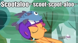 Size: 765x422 | Tagged: safe, edit, edited screencap, imported from derpibooru, screencap, scootaloo, fish, pegasus, pony, sleepless in ponyville, bipedal, female, filly, foal, image macro, meme, shoo be doo, sleeping, solo